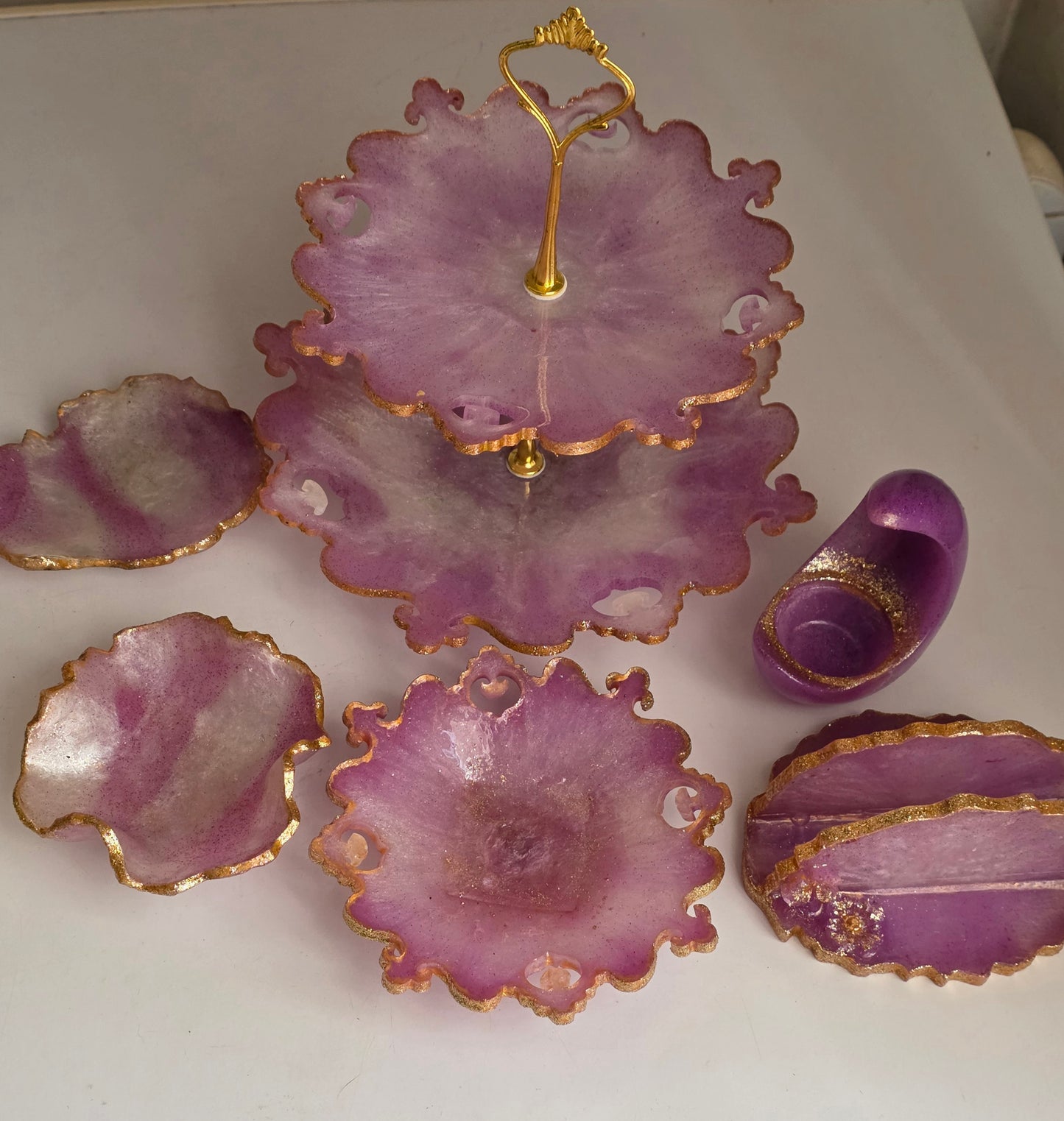 Lilac & Gold Resin Table Set — Napkin Holder, Candle Holder, Coasters & Plate