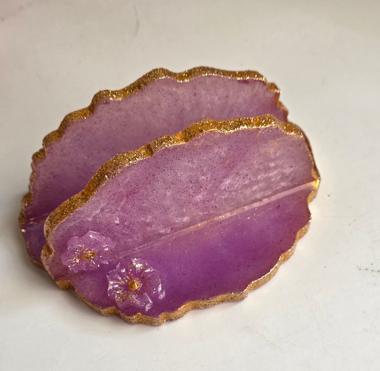 Lilac & Gold Resin Table Set — Napkin Holder, Candle Holder, Coasters & Plate