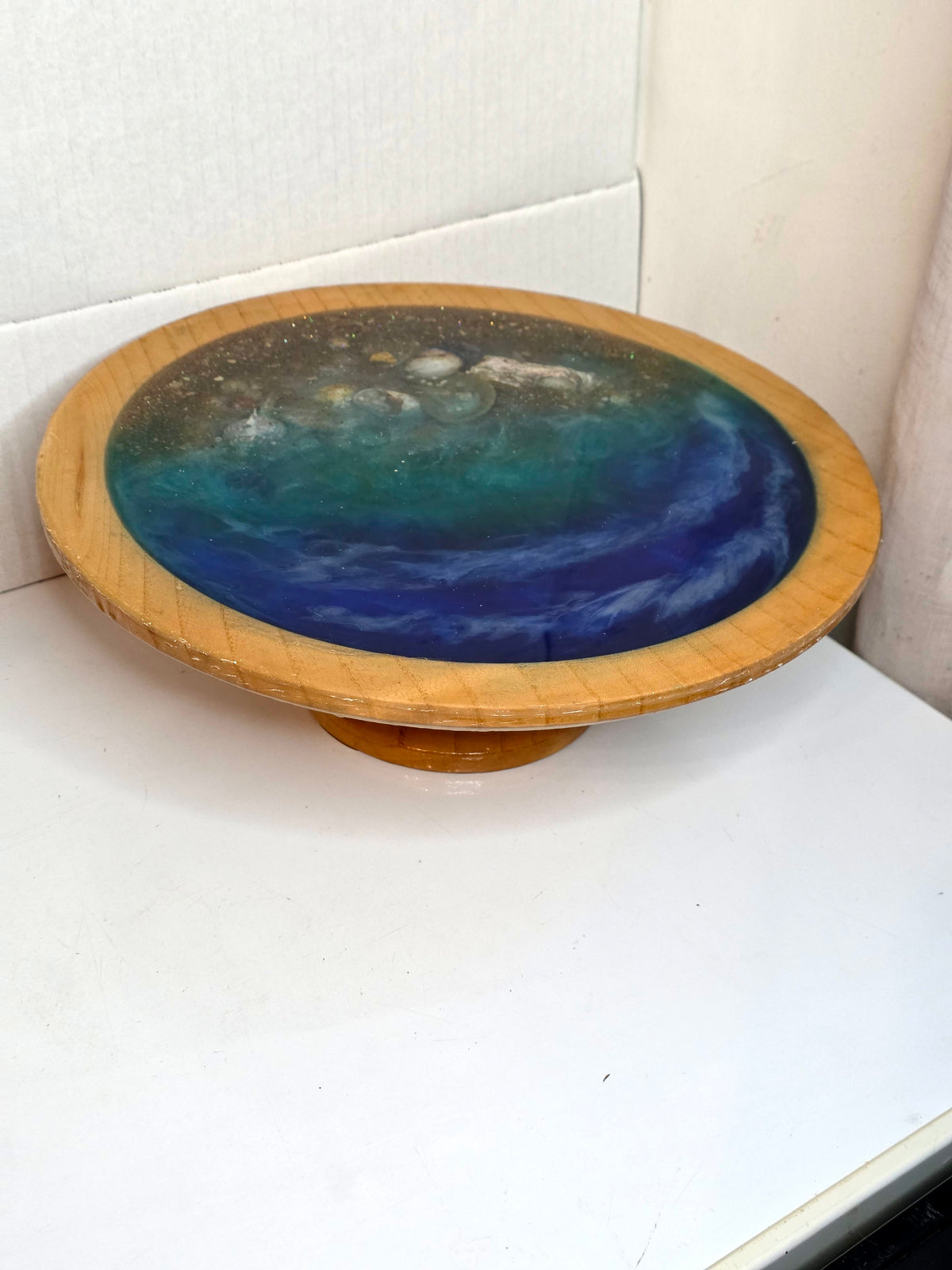 Ocean Art Bowl on Wooden Stand – Deep Blue & Teal with Real Seashells | Handmade Resin | Collector's Piece