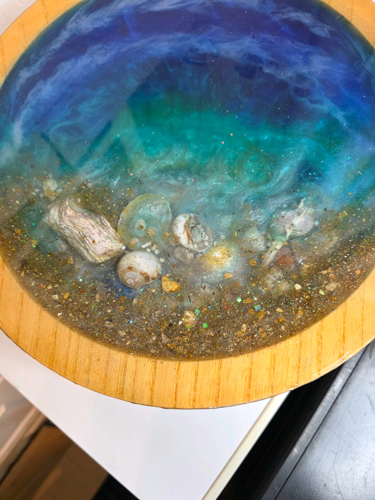 Ocean Art Bowl on Wooden Stand – Deep Blue & Teal with Real Seashells | Handmade Resin | Collector's Piece