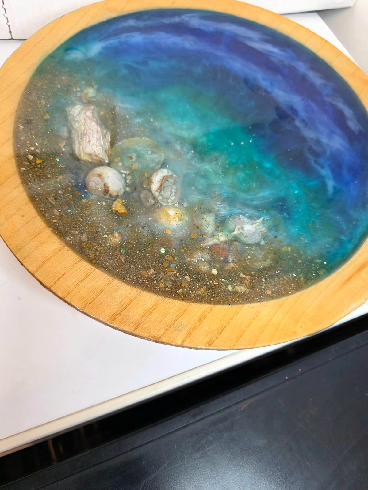 Ocean Art Bowl on Wooden Stand – Deep Blue & Teal with Real Seashells | Handmade Resin | Collector's Piece