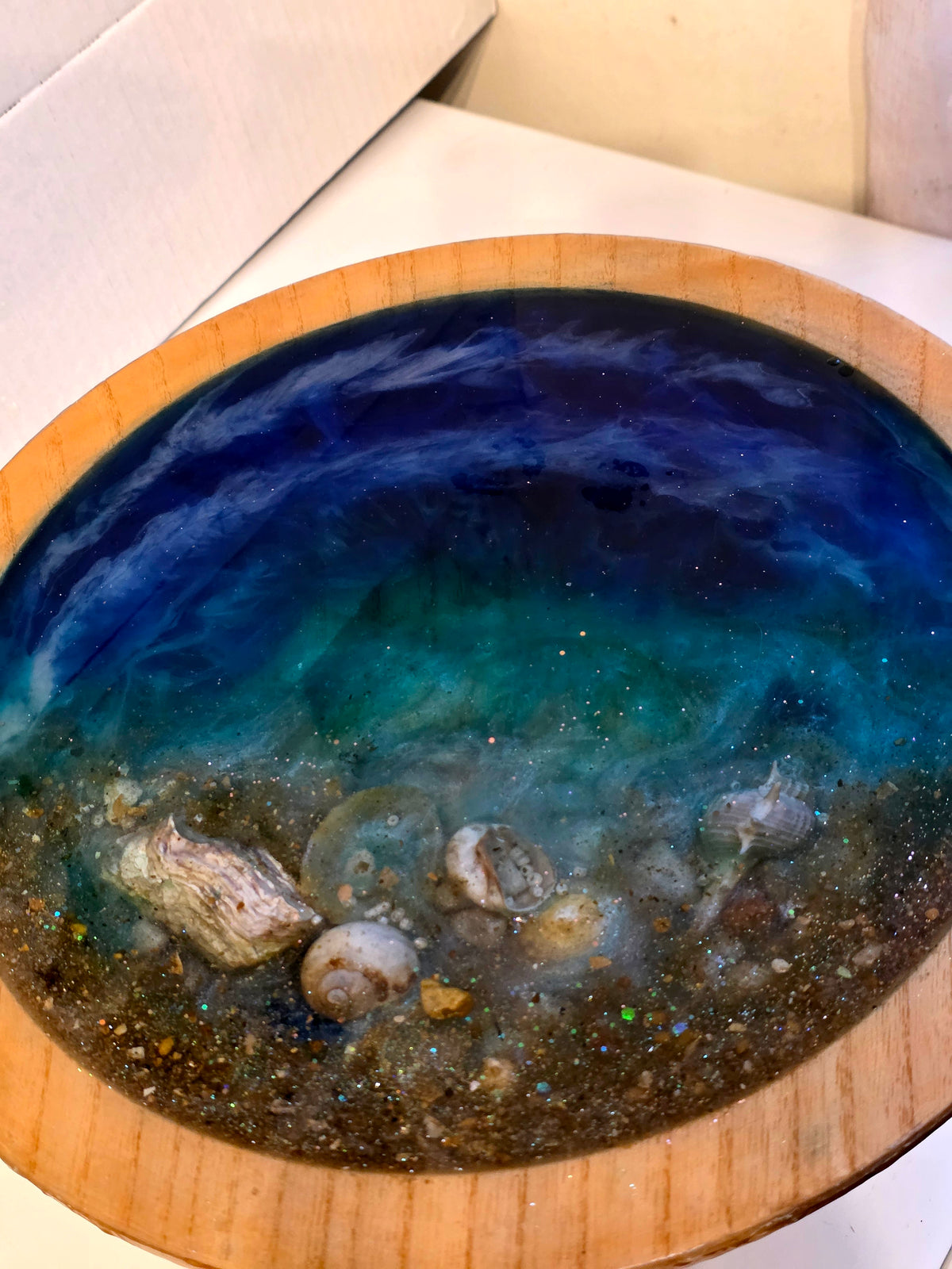 Ocean Art Bowl on Wooden Stand – Deep Blue & Teal with Real Seashells | Handmade Resin | Collector's Piece