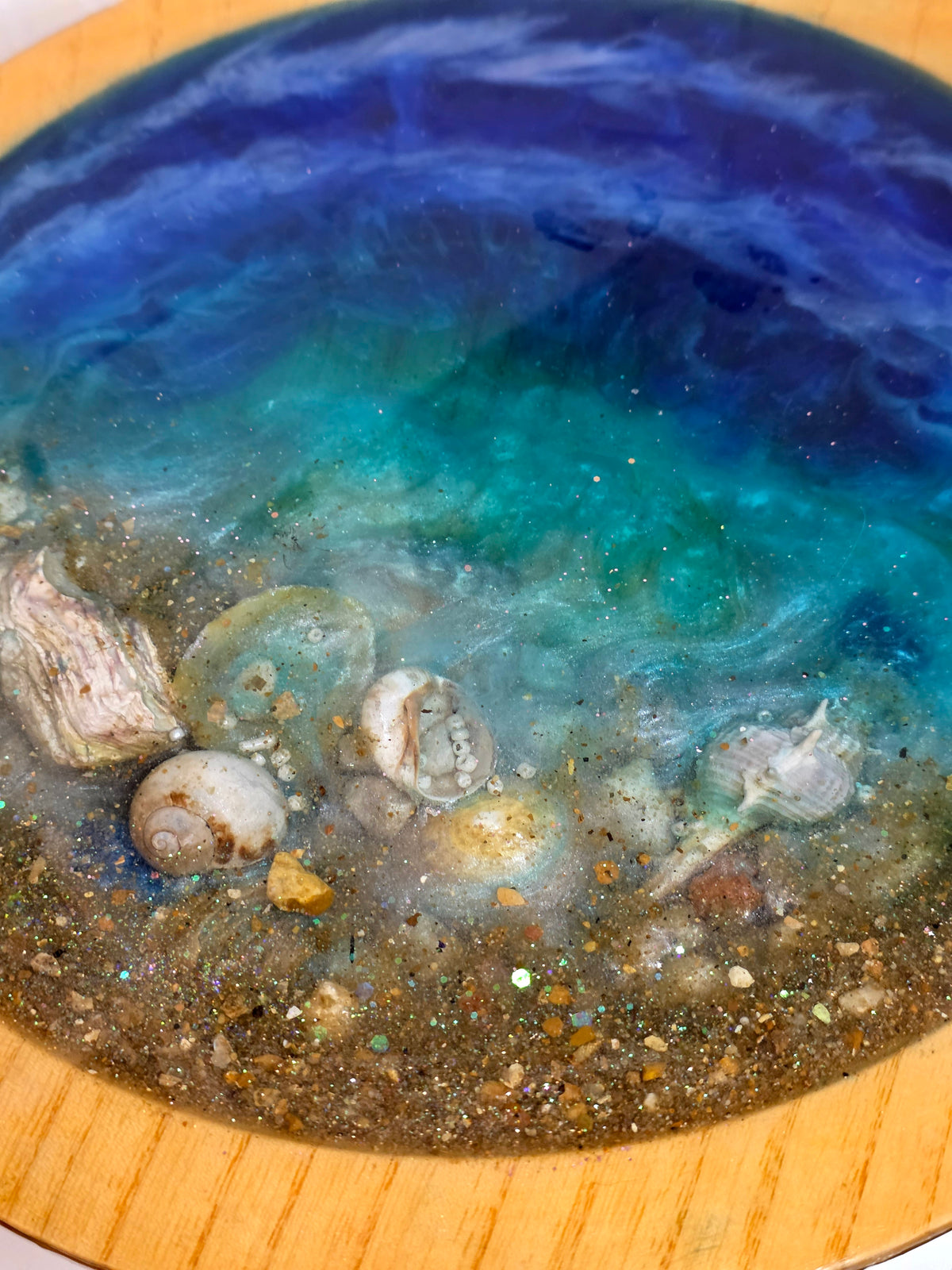Ocean Art Bowl on Wooden Stand – Deep Blue & Teal with Real Seashells | Handmade Resin | Collector's Piece