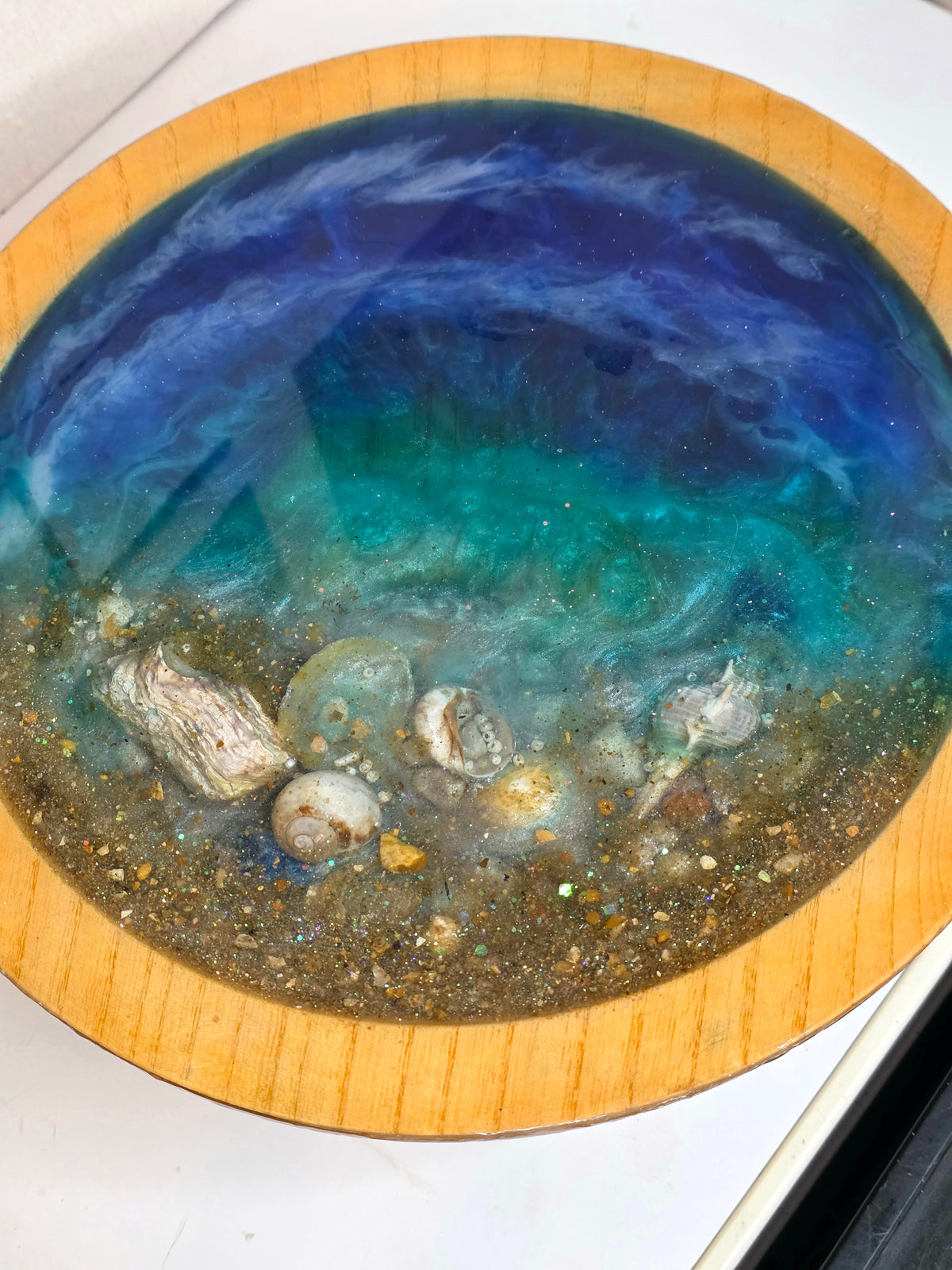 Ocean Art Bowl on Wooden Stand – Deep Blue & Teal with Real Seashells | Handmade Resin | Collector's Piece