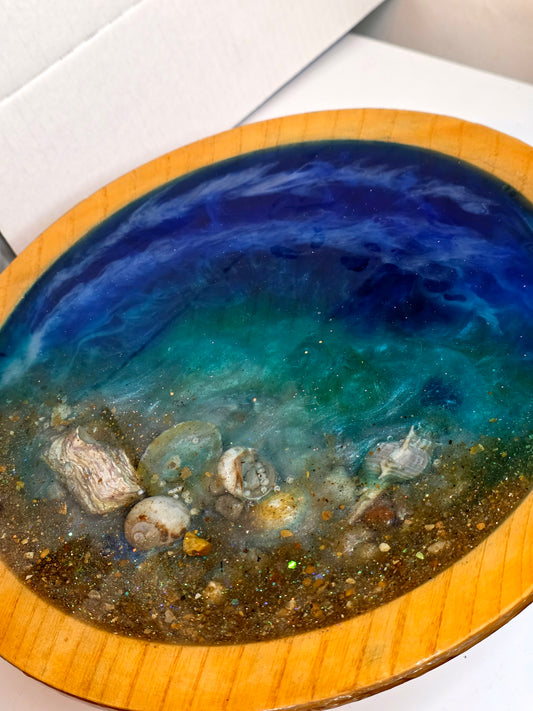 Ocean Art Bowl on Wooden Stand – Deep Blue & Teal with Real Seashells | Handmade Resin | Collector's Piece