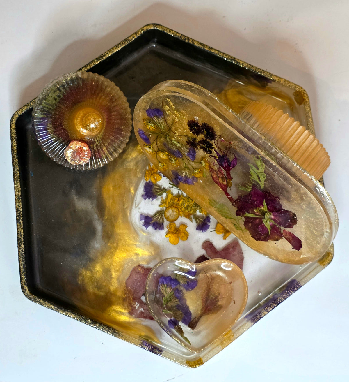Hexagonal Dried Flower Resin Tray & Jewellery Box Set – Gold, Purple & Amber
