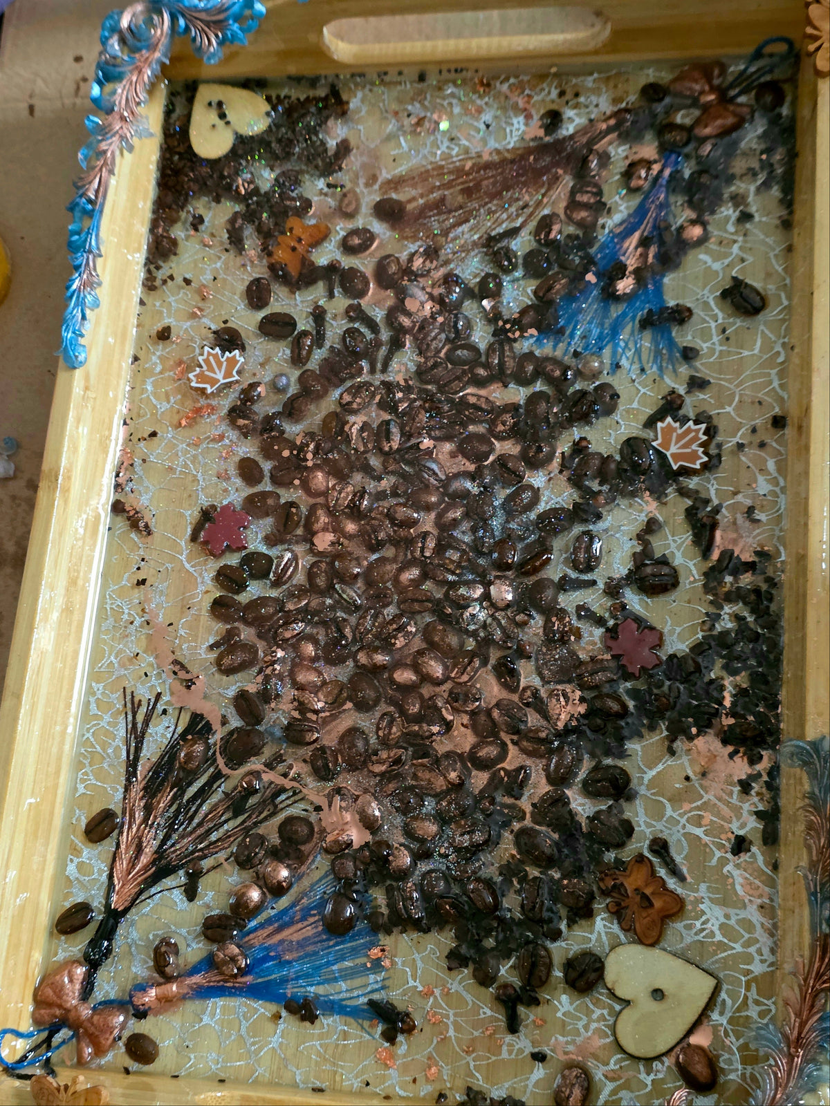 Luxury Bamboo Decor Tray – Coffee Bean Resin Art | Handmade Gift
