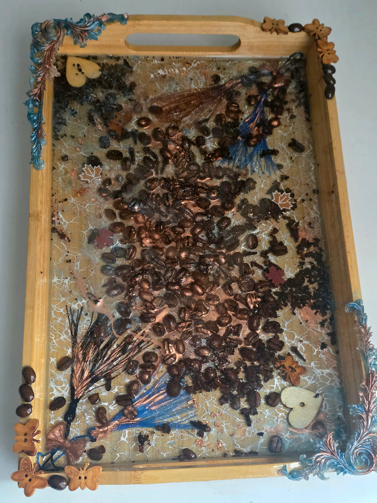 Luxury Bamboo Decor Tray – Coffee Bean Resin Art | Handmade Gift