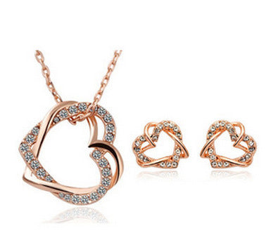 Elegant Double Heart Diamond Jewelry Set – Personalized Necklace & Earrings