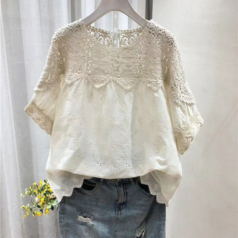 Women’s Embroidered Linen Cotton Top – Short Sleeve Hollow-out Blouse