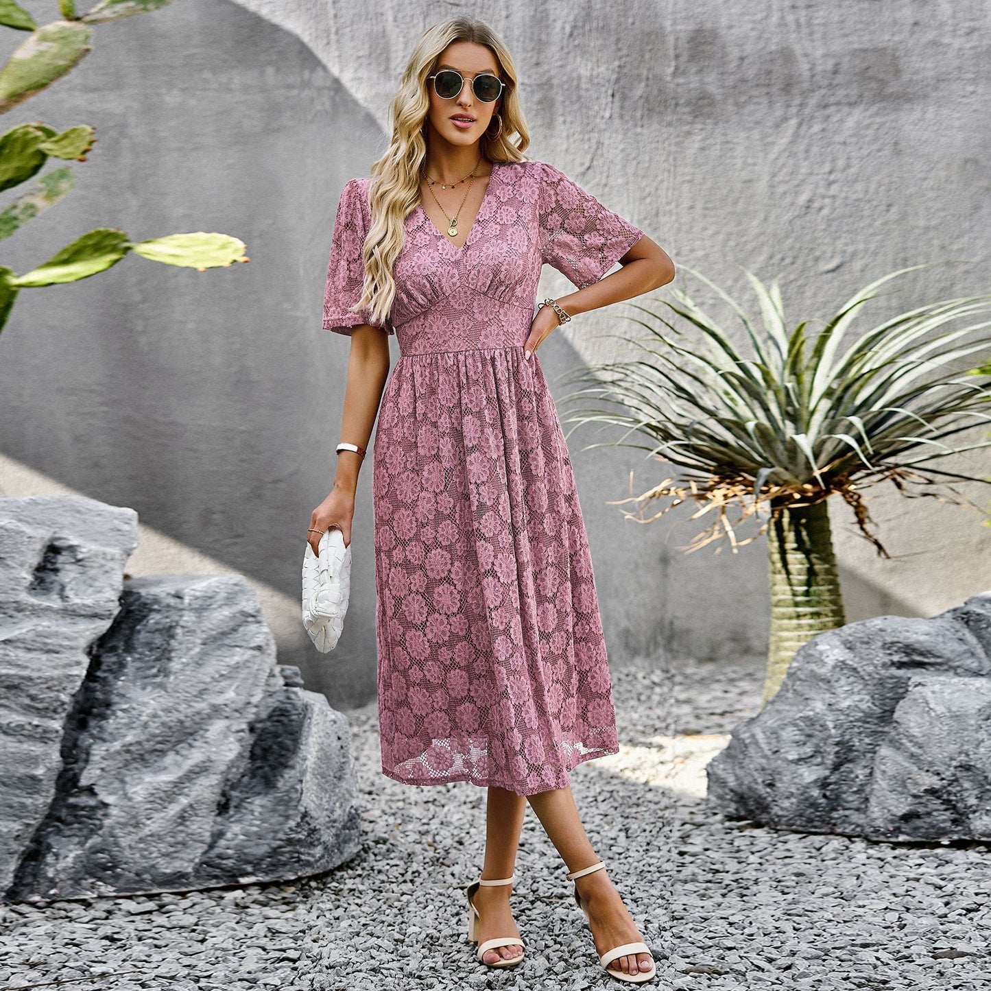 V-neck Lace Dress Summer Elegant Short Sleeve for Women