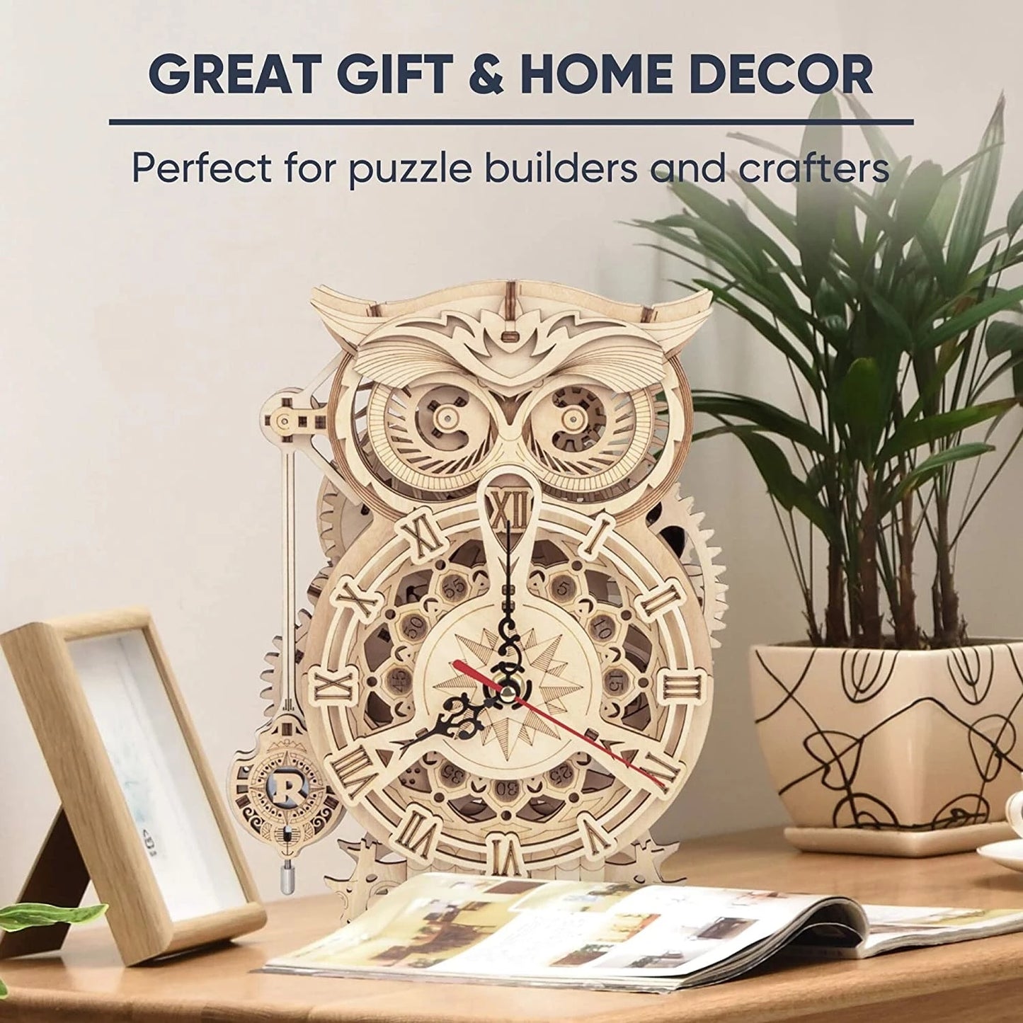 Robotime ROKR 3D Wooden Owl Clock – DIY Puzzle Kit with Real Quartz Movement, Bell Timer, and Laser-Cut Pieces