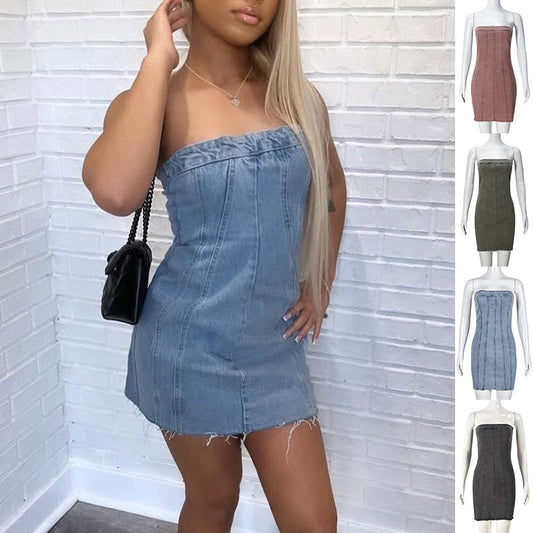 „Backless Tube Denim Dress Summer Y2K Slim Short for Women