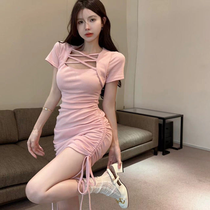 Women’s Drawstring Ruffle Dress – Casual Slim Fit Mini Dress