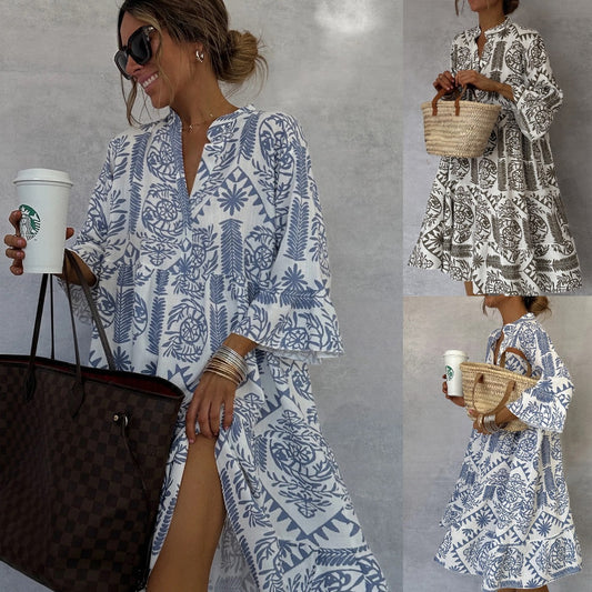 Autumn Casual Print Loose Dress – V-neck Flare Sleeve Ruffle for Women