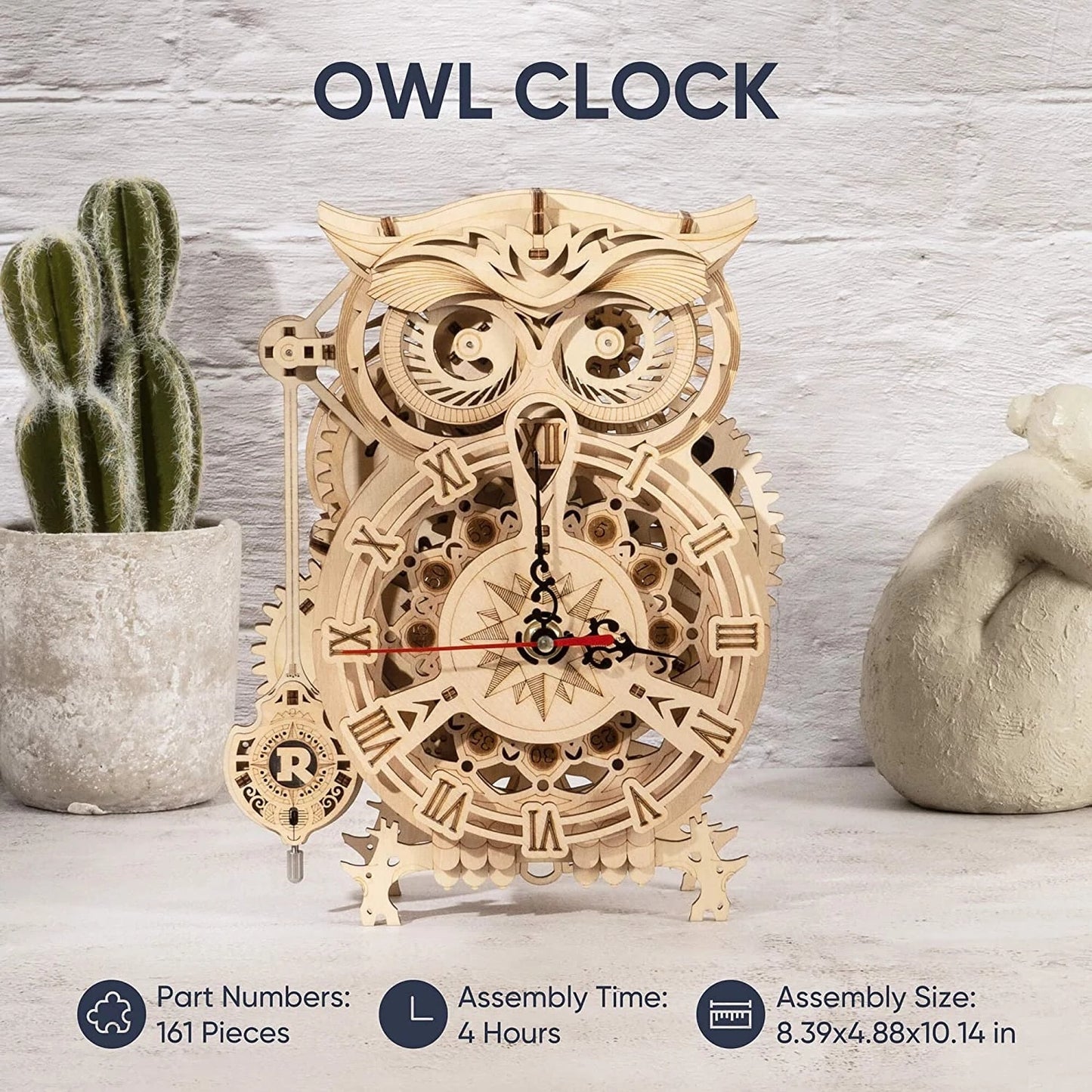 Robotime ROKR 3D Wooden Owl Clock – DIY Puzzle Kit with Real Quartz Movement, Bell Timer, and Laser-Cut Pieces