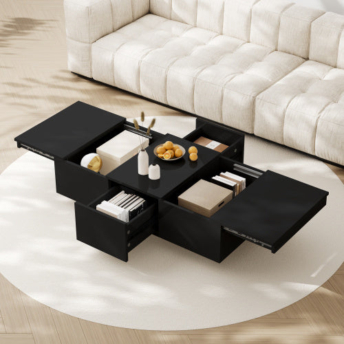 Modern Black Gloss Coffee Table – Double Drawers with Hidden Storage, 100×50×31 cm