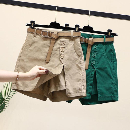 Women's Cotton Shorts – High Waist, Belted, Buttoned Front