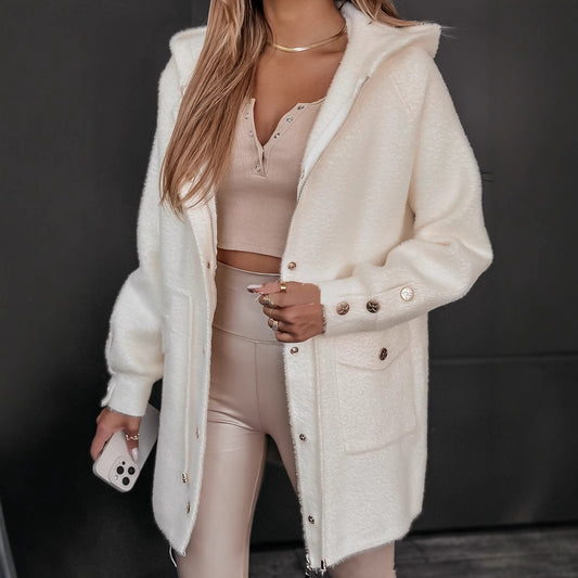 Women’s Hooded Jacket with Drawstring Belt and Zip Closure – Fall Winter Coat
