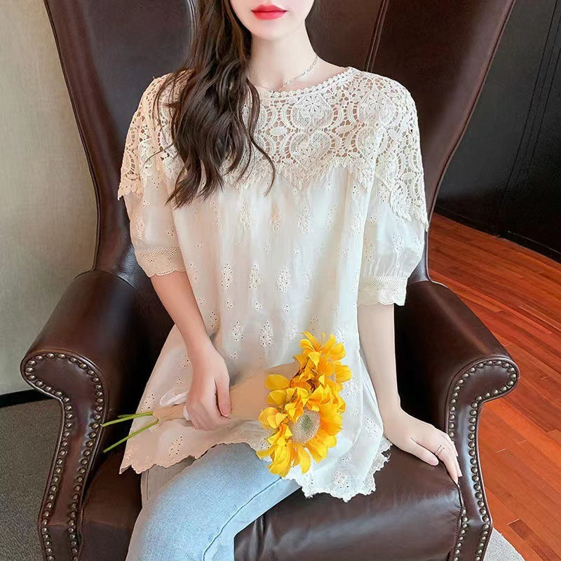 Women’s Embroidered Linen Cotton Top – Short Sleeve Hollow-out Blouse