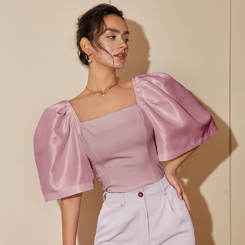 Women's Retro Lantern Sleeve Square Collar Elegant Top