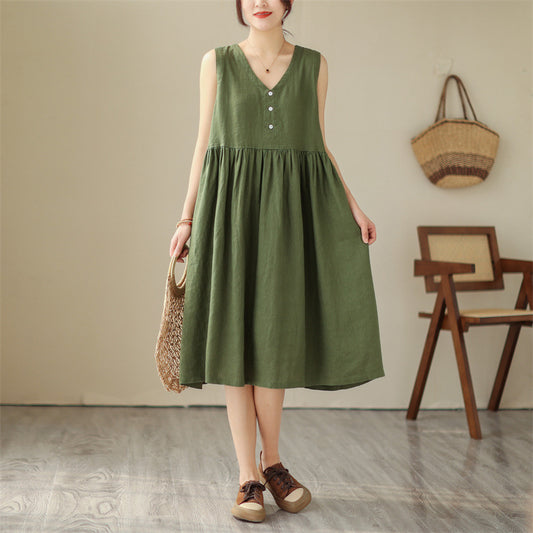 Women’s Cotton-Linen Sleeveless Dress – Loose Fit, V-Neck
