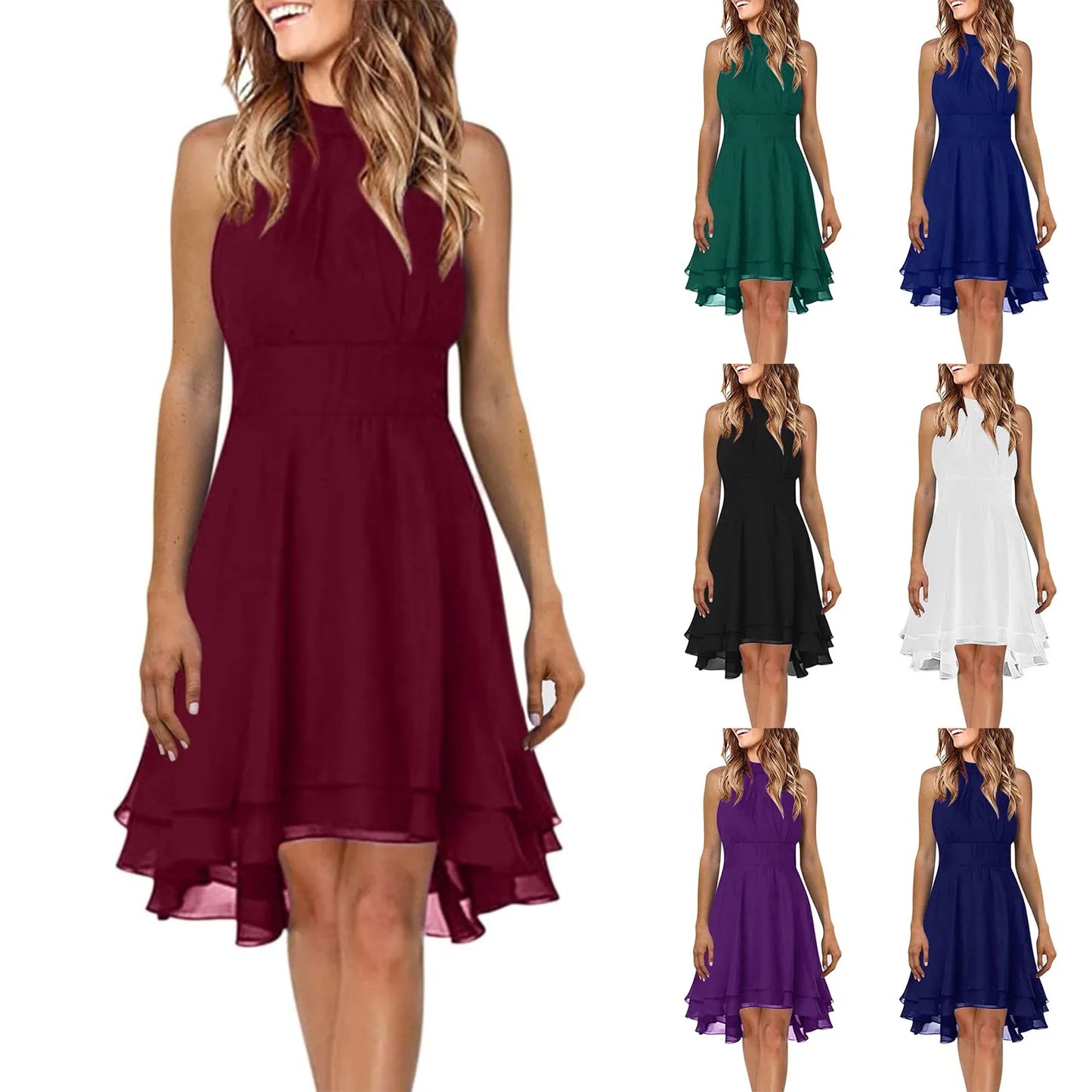 Women’s Chiffon Halter Dress – High Waist, Layered Sleeveless Design