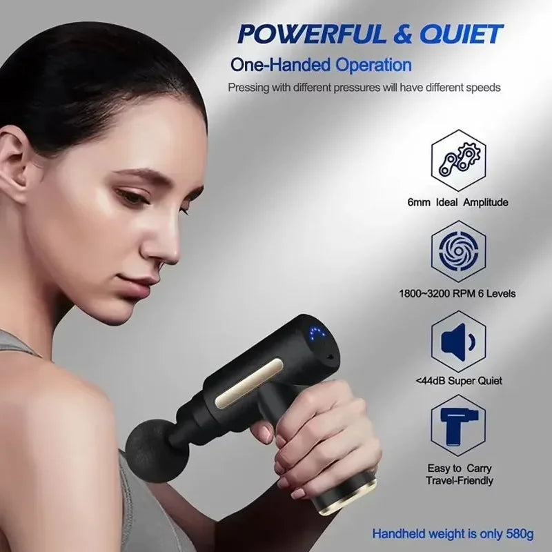 Mini<Portable muscle massage gun with deep tissue effect.