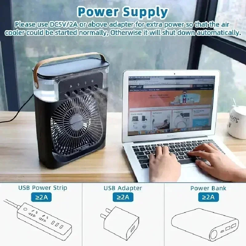 Portable 3-in-1 Mini Air Cooler – Fan, Humidifier, LED Light