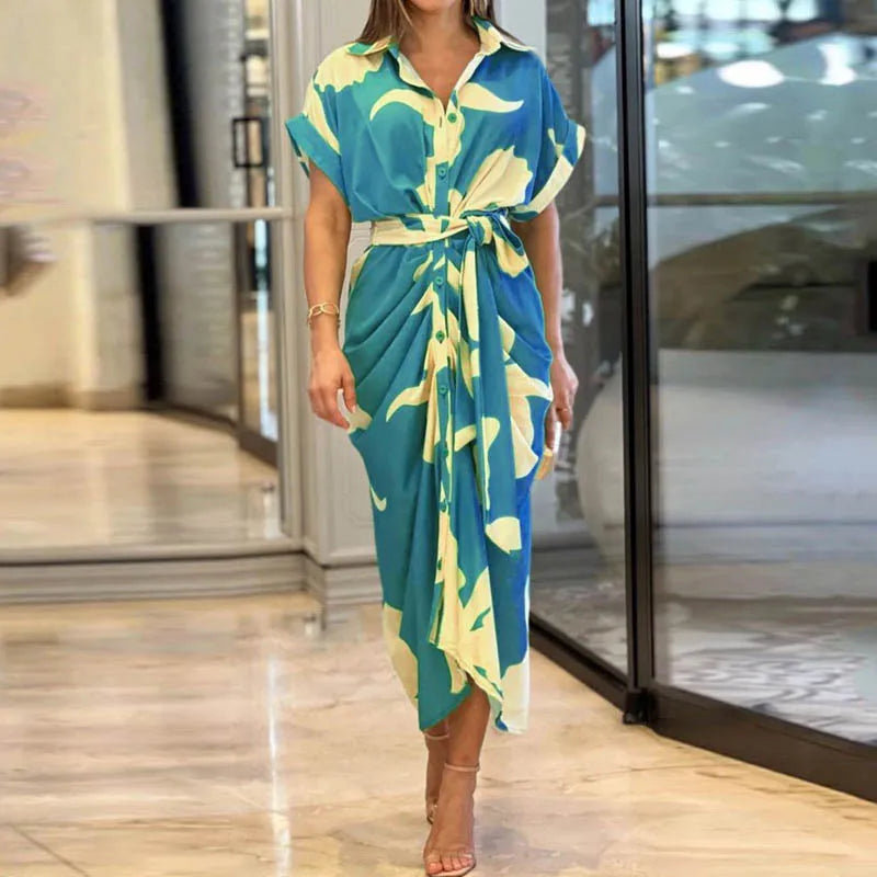 Elegant Floral Maxi Dress – Women’s Short Sleeve, High Waist Design