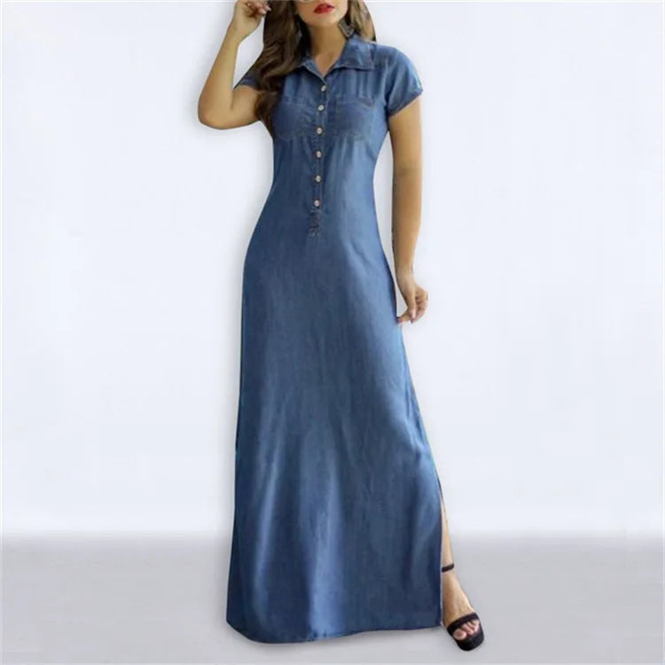 Long Denim Shirt Dress for Women with Pockets and Swing Hem