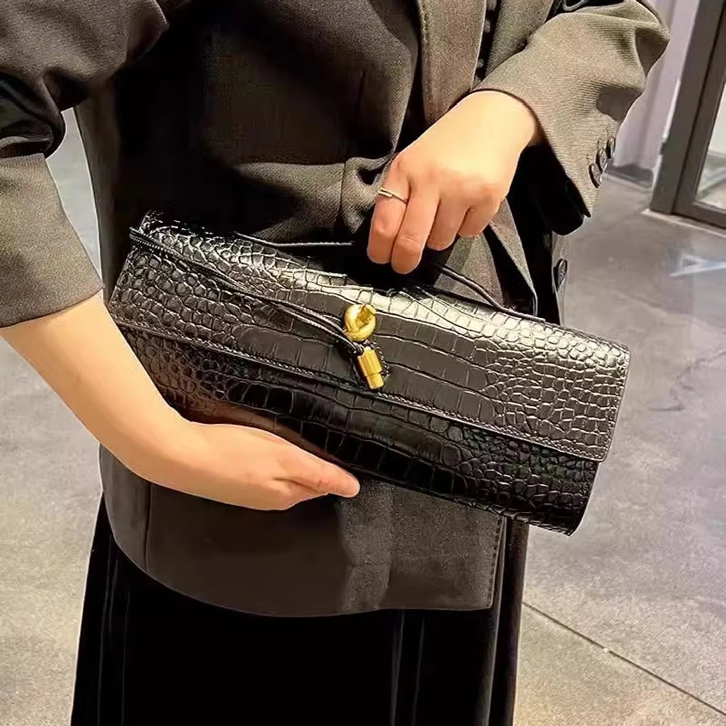 Stone Texture PU Leather Top-Handle Bag – Crossbody Style for Women