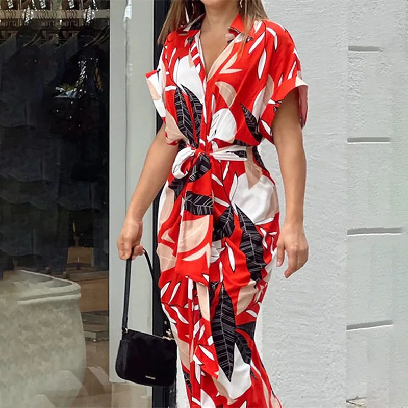 Elegant Floral Maxi Dress – Women’s Short Sleeve, High Waist Design