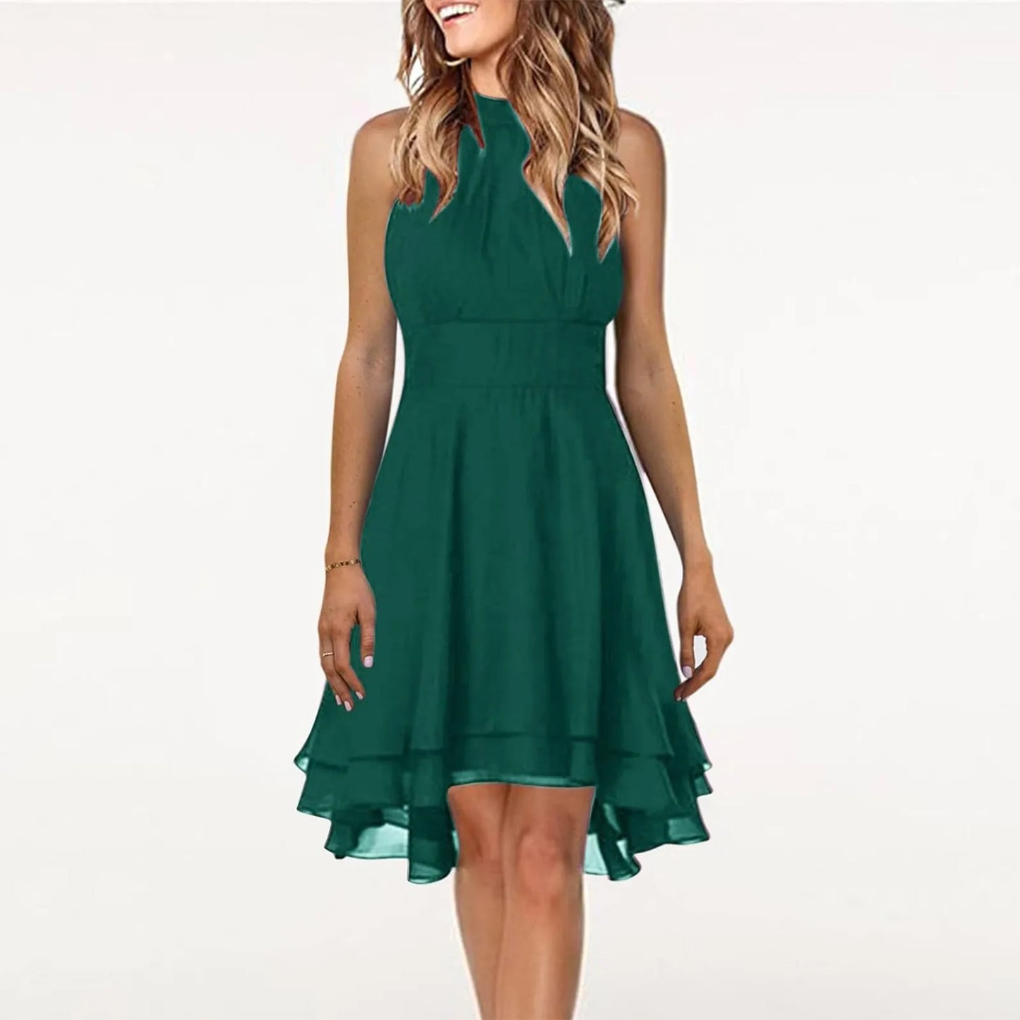 Women’s Chiffon Halter Dress – High Waist, Layered Sleeveless Design