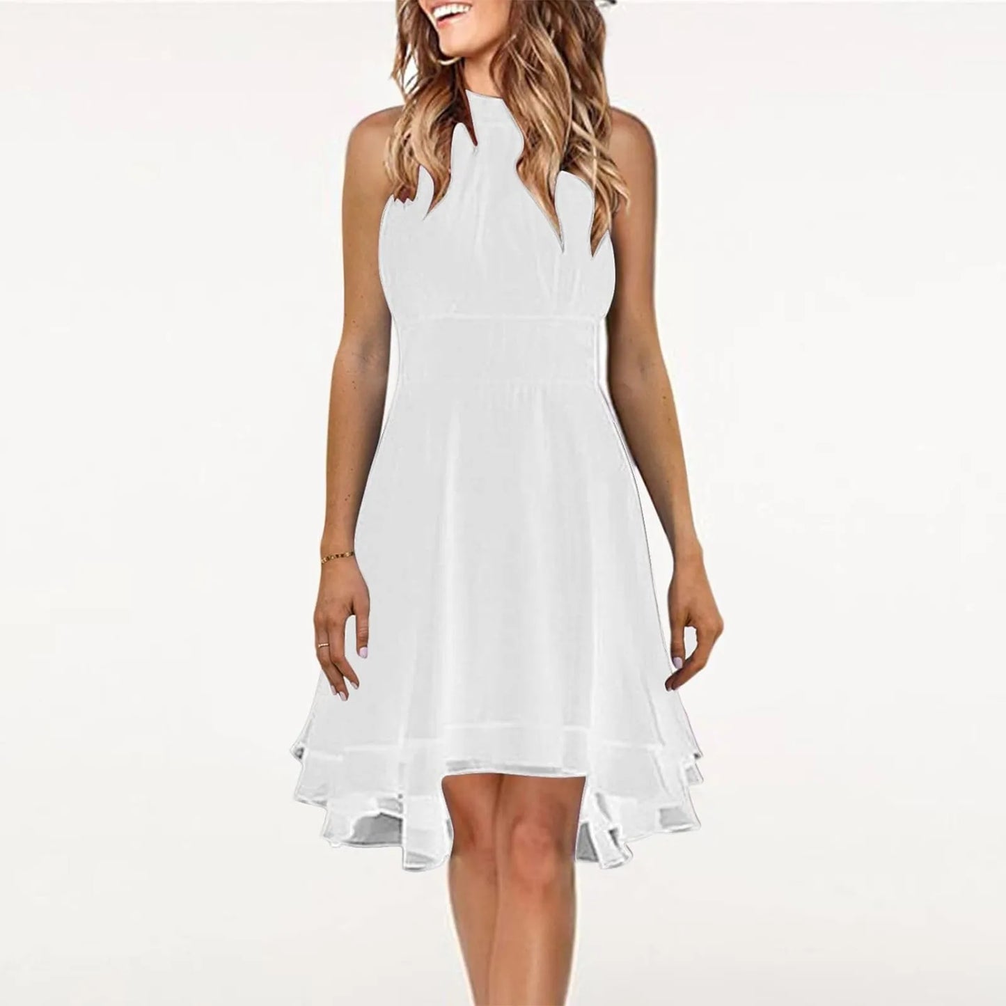 Women’s Chiffon Halter Dress – High Waist, Layered Sleeveless Design