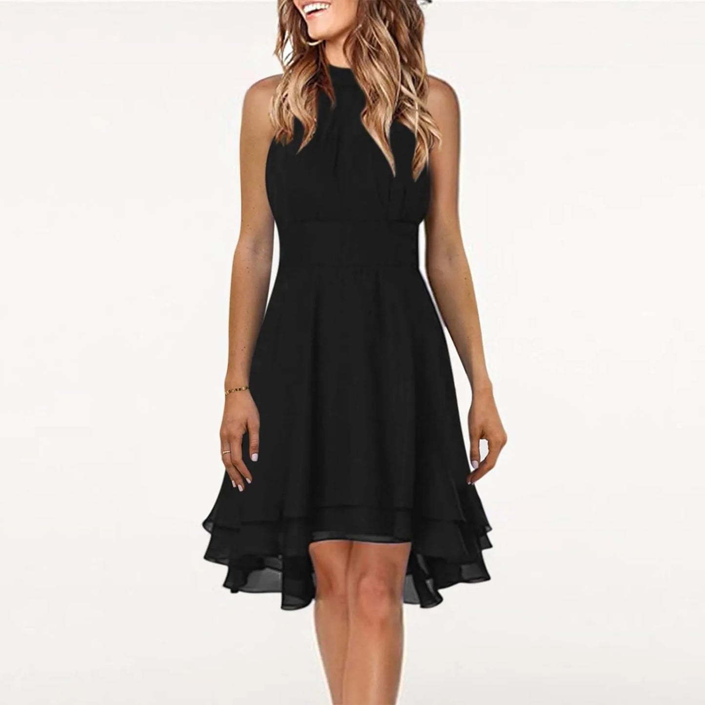 Women’s Chiffon Halter Dress – High Waist, Layered Sleeveless Design