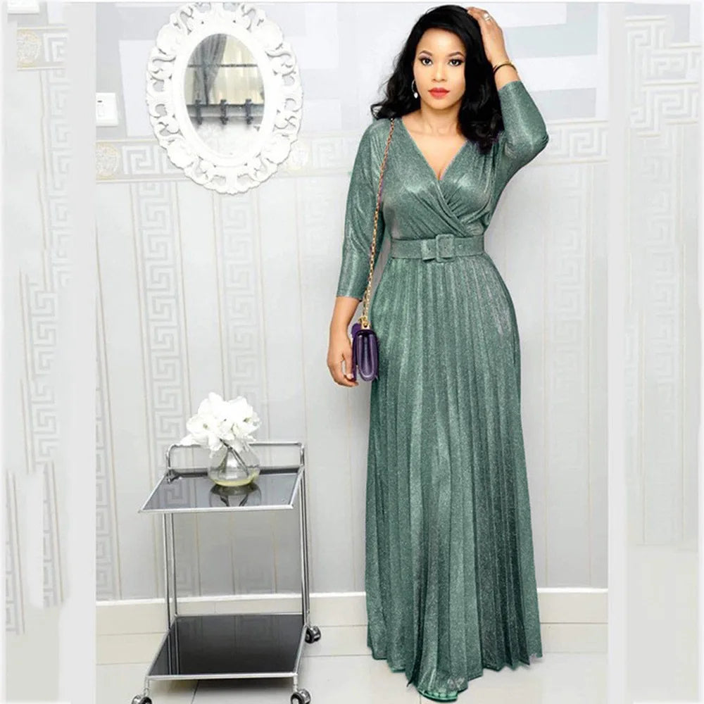 Women's Long Sleeve Pleated Dress – V-Neck, High Waist, With Belt
