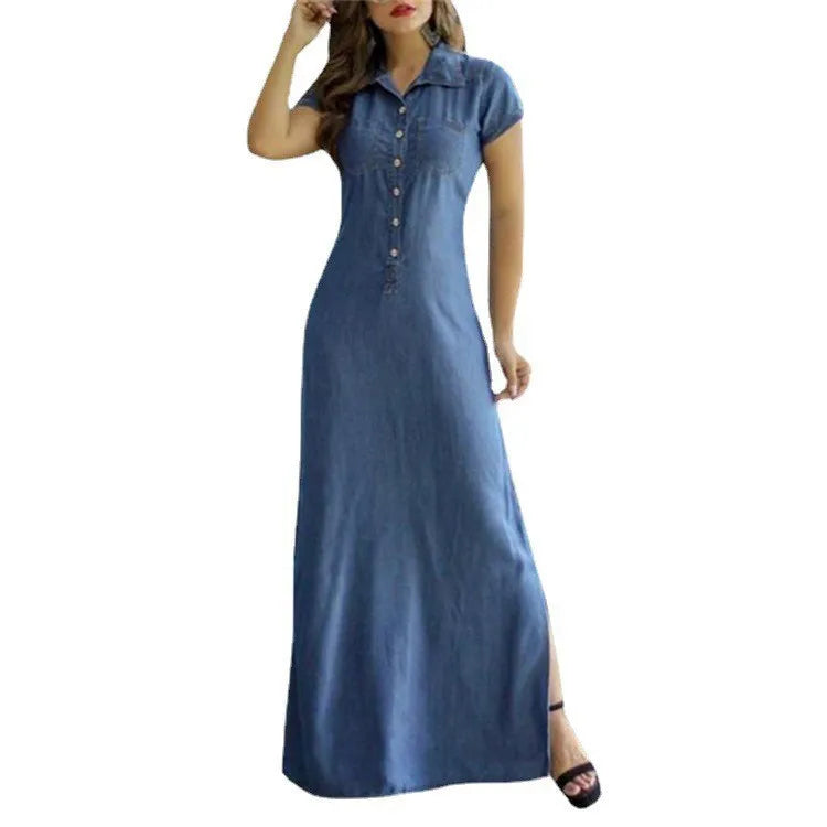 Long Denim Shirt Dress for Women with Pockets and Swing Hem