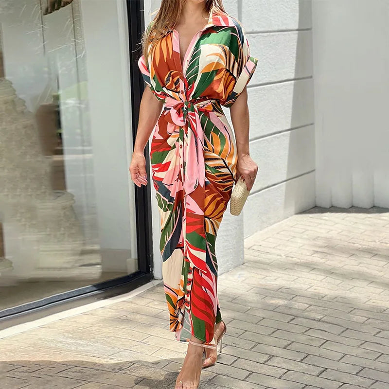 Elegant Floral Maxi Dress – Women’s Short Sleeve, High Waist Design