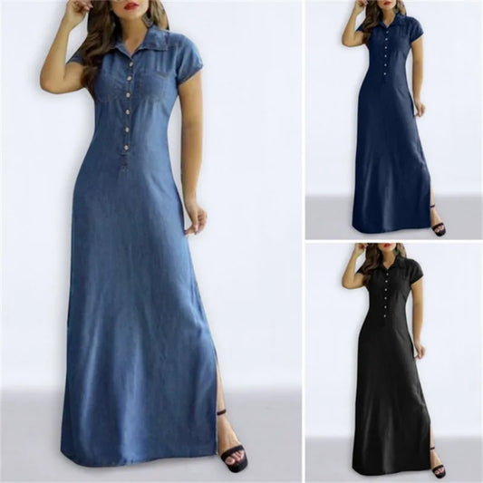 Long Denim Shirt Dress for Women with Pockets and Swing Hem
