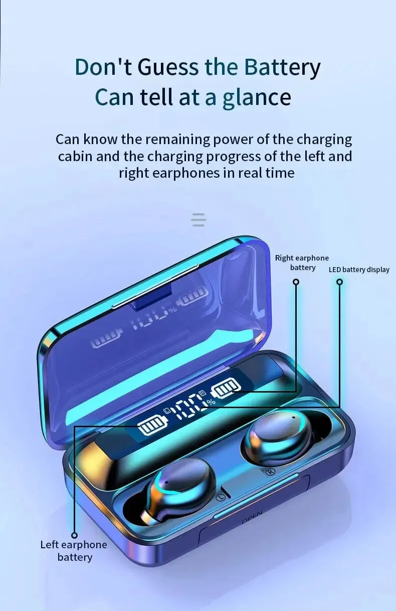 F9 Wireless Bluetooth Earbuds with Charging Case – Waterproof, LED Display