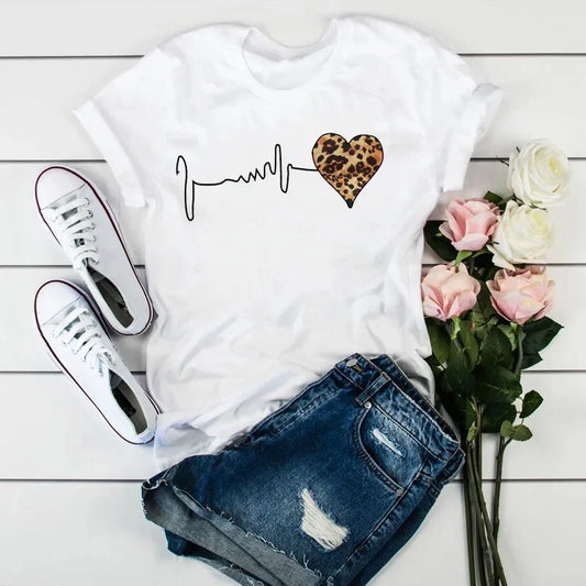 Plus Size Women’s T-Shirt – Leopard Heartbeat Print, White, Short Sleeve