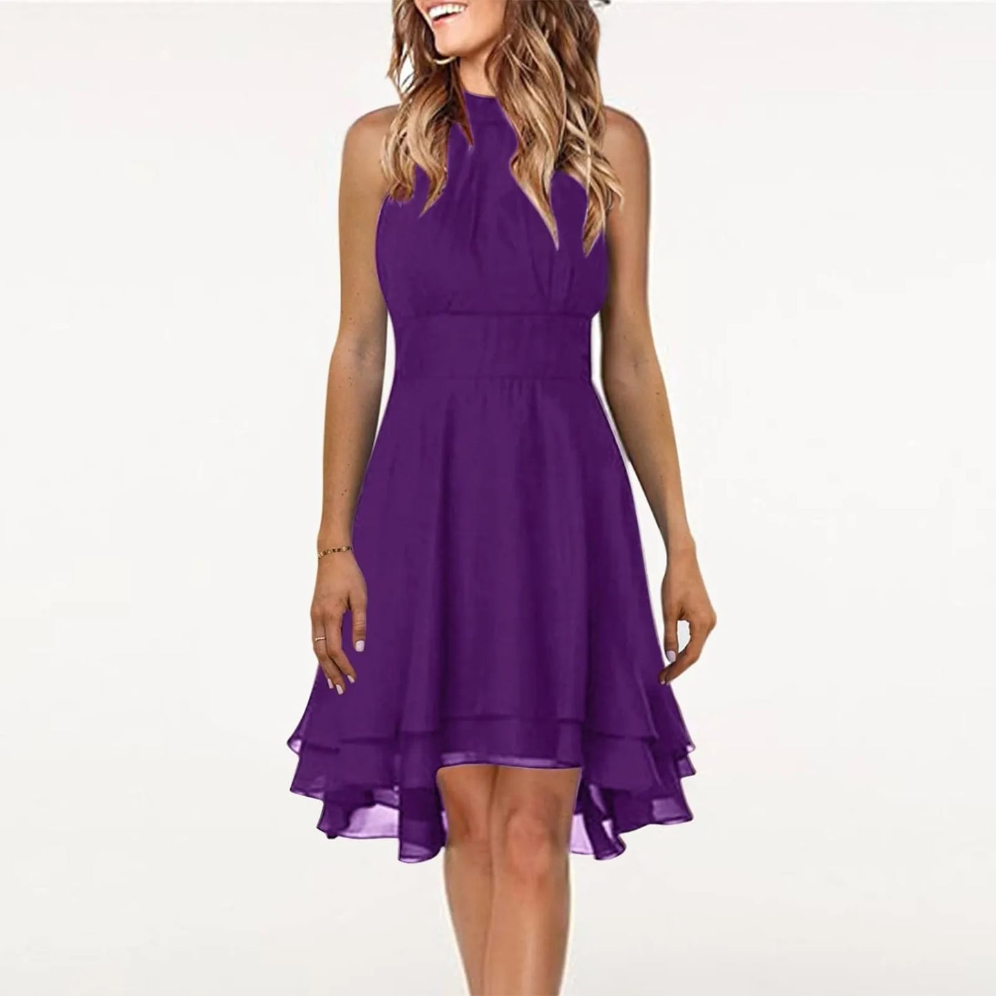 Women’s Chiffon Halter Dress – High Waist, Layered Sleeveless Design