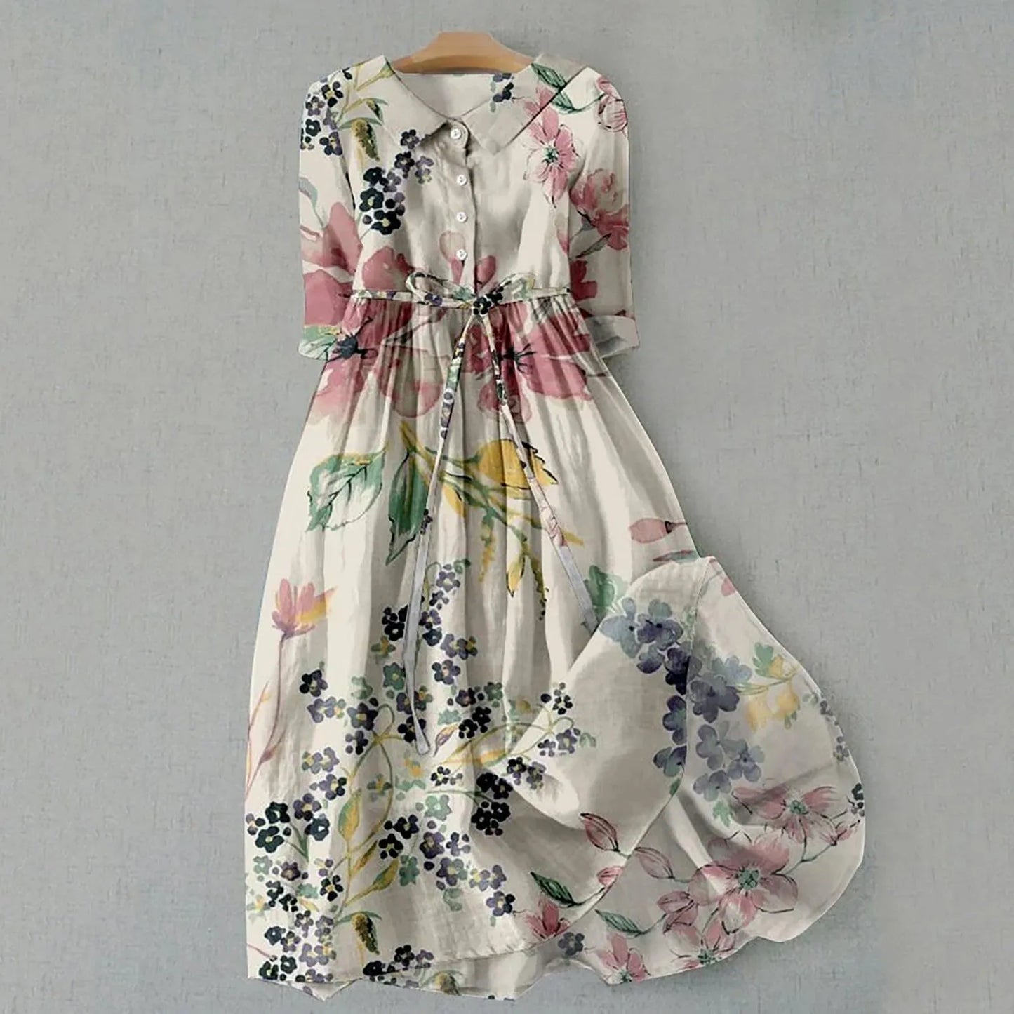 Elegant Midi Dress for Women – Long Sleeve Floral Dress for Spring, Autumn & Winter