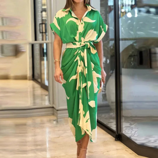 Elegant Floral Maxi Dress – Women’s Short Sleeve, High Waist Design