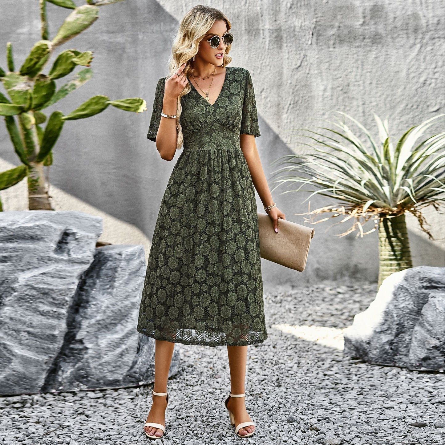 V-neck Lace Dress Summer Elegant Short Sleeve for Women