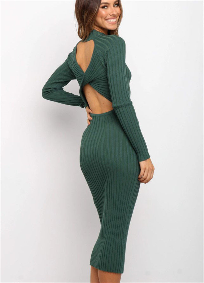 Solid Color Backless Bow Sweater Dress – Tight Fit for Women