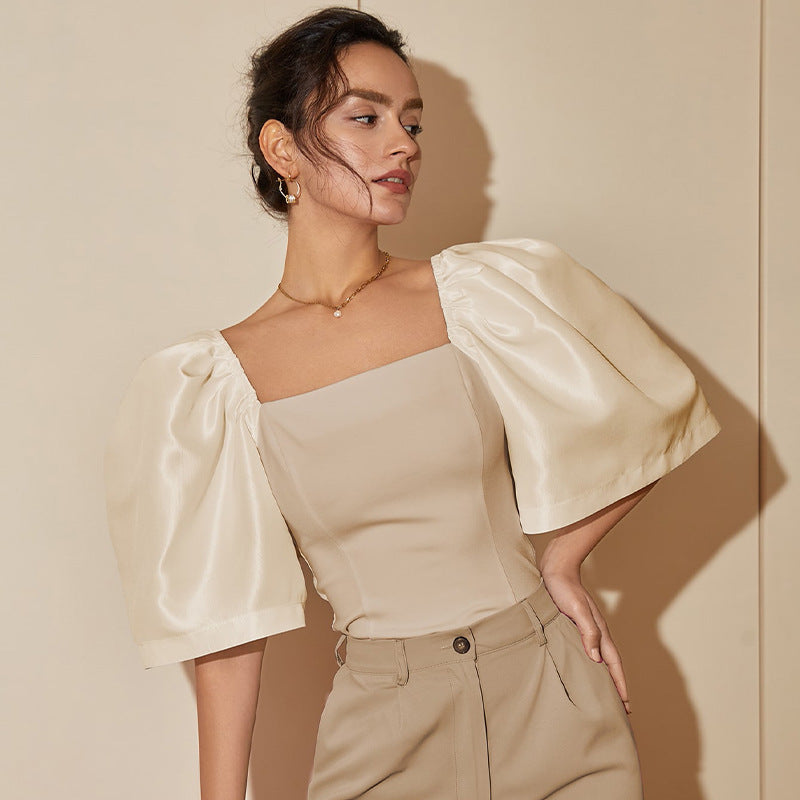 Women's Retro Lantern Sleeve Square Collar Elegant Top