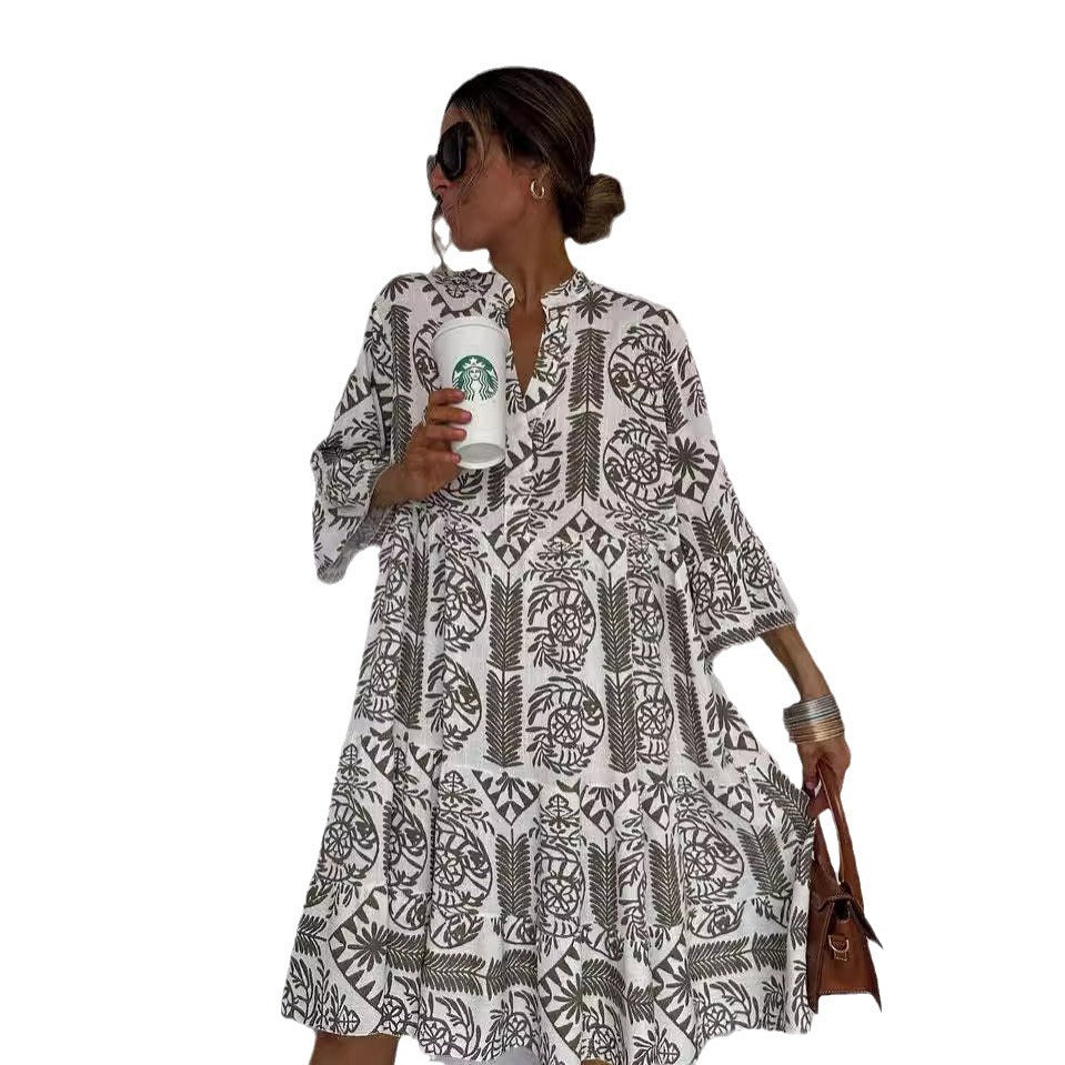 Autumn Casual Print Loose Dress – V-neck Flare Sleeve Ruffle for Women