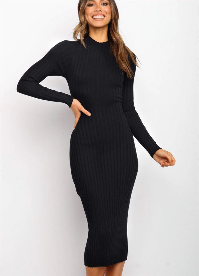 Solid Color Backless Bow Sweater Dress – Tight Fit for Women